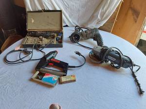 lot 21 image: Dremel MultiPro Model 275 Rotary Tool, Black & Decker Drill, and Professional Angle Grinder with Staple Gun