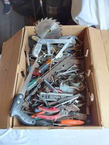 lot 39 image: Box of Hand Tools and More including Saws, Pliers, Screwdrivers