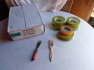 lot 48 image: Box of Trash Can Liners, Painters Tape Rolls, and Painting Tools