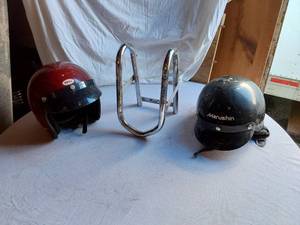lot 53 image: Bell and Marushin Motorcycle Helmets with Jandel Wheel Chock