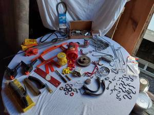 lot 56 image: Tweco Electrode Holder, Dayco V-Belt, Wire Flags, Cord Wrapper and Various Fasteners and Accessories