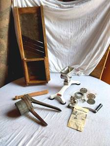 lot 68 image: T&D Special Wooden Mandoline, Chop-Rite Meat and Food Chopper and Potato Ricer