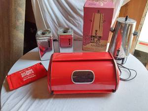 lot 69 image: Vintage West Bend 18-Cup Stainless Steel Party Percolator with Red Bread Box and Canisters