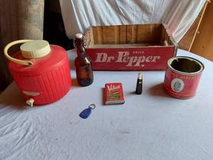 lot 71 image: Vintage Dr. Pepper Wooden Crate, Prince Albert Tobacco Tin, and Other Collectibles