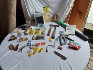 lot 74 image: Assorted Tools and Hardware Lot including Heat Force Heater, Hammers, and Vintage Buttons