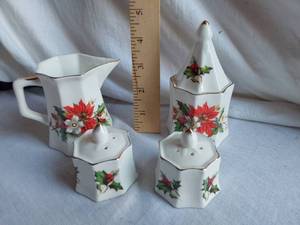 lot 132 image: Christmas-themed Bone China Kitchen Items including Creamer, Sugar Bowl, and Salt & Pepper Shakers