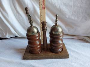 lot 144 image: Vintage Wooden Salt and Pepper Grinder Set with Stand Made in Japan