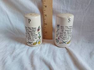 lot 156 image: Decorative Ceramic Salt and Pepper Shakers with Meal Blessing Poem