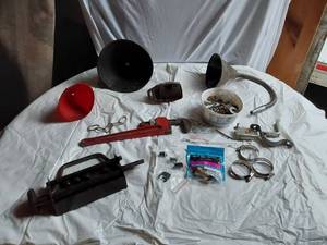 lot 255 image: SEARS Heavy Duty Pipe Wrench, Funnels, Various Clamps and More