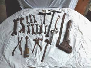 lot 256 image: Assorted Vintage Hand Tools including Adjustable Wrench, Pliers, and Wrenches