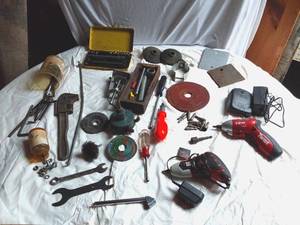 lot 258 image: Black & Decker and Skil Cordless Screwdrivers, Stanley No. 59 Drill Vise, and Various Tools