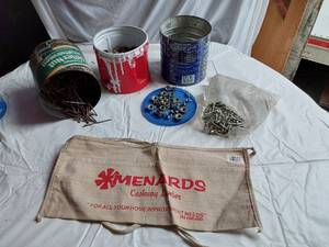 lot 264 image: Lot of Hardware and Fasteners including Menards Tool Apron, Nails, and Bolts