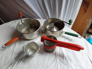 lot 338 image: Foley Food Mill and Kitchen Tools including Red Potato Ricer, Foley Measuring Cup, and Accessories