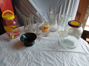lot 348 image: Glassware and Beverage Dispenser including Pitcher, Vases, and Jars