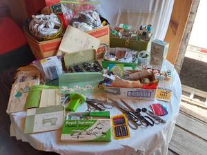 lot 352 image: HUGE Lot of Sewing Supplies and Accessories Including Necchi Supernova Parts, Singer Needles, Scissors, and Fabrics
