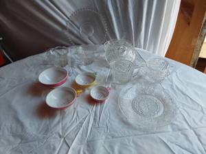 lot 359 image: Glassware and Measuring Cups Set including MG Japan Measuring Cups, Crystal Clear Bowls, and Plates