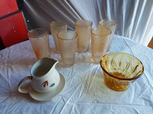 lot 362 image: Franciscan Earthenware Cup and Saucer (chipped), Glass Tumblers, and Amber Bowl