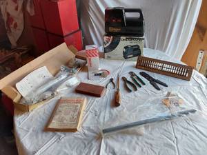 lot 380 image: Keltgen Mini Air Compressor Tire Inflator and Various Tools & Hardware