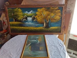 lot 389 image: 2 Paintings The first features a serene landscape with trees and a waterfall, while the second depicts an unique bird with flowing forms