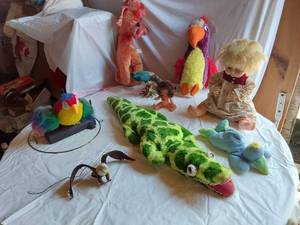 lot 390 image: Plush Toys and Figurines including Stuffed Crocodile, Bird Plush, and Doll