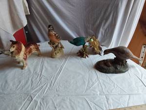 lot 396 image: Vintage Ceramic Animal Figurines including Vimax Creation Bird, Dog, and Peacock