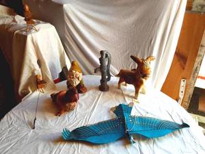 lot 408 image: Ceramic Gnomes, Donkey, and Wooden Bird Mobile