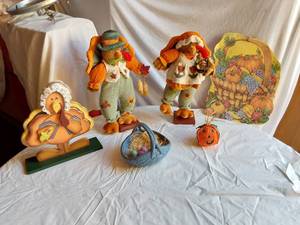 lot 422 image: Thanksgiving and Fall Decor including Plush Figures, Basket, and Turkey Stand