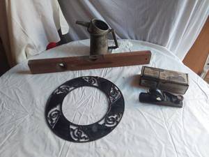 lot 430 image: Stanley Wood Level, Dunlap Block Plane, and Iron Duct Decor
