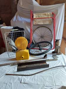 lot 435 image: Bicycle Wheels, Traffic Flasher, Car Jack, Wire Basket and More