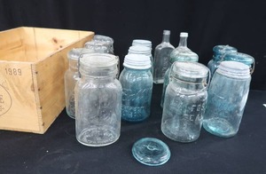 lot 97 image: VINTAGE CANNING MASON JARS WITH WOODEN BOX