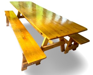 lot 2 image: Large Hand Crafted Wood Farmhouse Style Table with Matching Benches