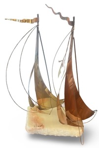 lot 5 image: Brass and Copper Sailboat Sculpture on Stone Base Signed By Artist DeMott