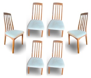 lot 6 image: Set of 6 Mid Century Modern Style Wood Dining Chairs with Upholstered Seats