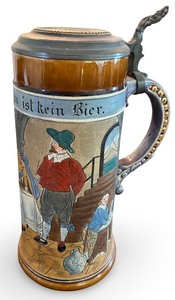 lot 56 image: J.W. Remy German Lidded Beer Stein with Tavern Scene