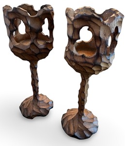 lot 71 image: Pair of Hand Carved MCM Wooden Votive Candle Holders