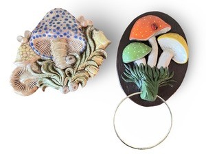 lot 40 image: Set of 2 Vintage Mushroom Wall Plaques Ceramic and Resin