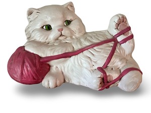 lot 112 image: Vintage Ceramic Cat Figurine with Pink Yarn Ball