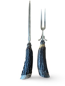 lot 129 image: Vintage Carving Knife and Fork Set with Stag Antler Handles