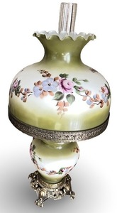 lot 10 image: Antique Style Hand-Painted Glass Hurricane Lamp with Floral Design