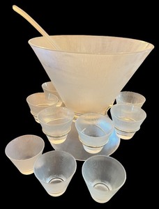 lot 33 image: Vintage Federal Glass Norse Pattern Punch Bowl Set with 11 Cups and Ladle