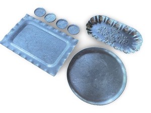lot 75 image: Vintage Hand-Etched Aluminum Serving Trays and Coasters Set