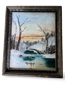 lot 76 image: Vintage Framed Winter Landscape Painting with Bridge