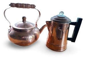 lot 79 image: Vintage Copper Tea Kettle and Coffee Pot Set