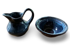 lot 80 image: Small Blue Ceramic Pitcher and Bowl Set with Drip Glaze Finish