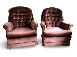 lot 86 image: Pair of Vintage Maroon Velvet Tufted Armchairs
