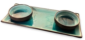 lot 90 image: Japanese Ceramic Serving Tray with 2 Matching Bowls, Blue Glaze