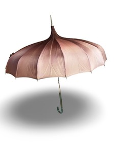 lot 92 image: Vintage Pink Umbrella with Green Handle and Unique Canopy