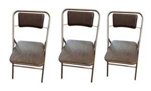 lot 93 image: Set of 3 Metal Folding Chairs with Wood Grain Seats and Backs