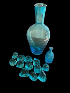 lot 101 image: Blue Glass Decanter Set with Stopper and Decorative Glass Stones