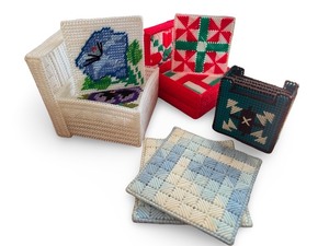 lot 110 image: Set of Handcrafted Needlepoint Coasters and Holders